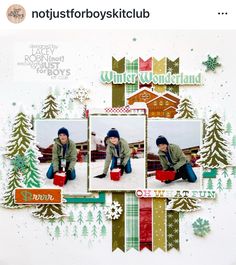 a scrapbook page with two pictures of people in the snow