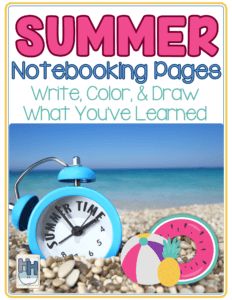 an advertisement for a summer notebooking page with a clock and watermelon on the beach