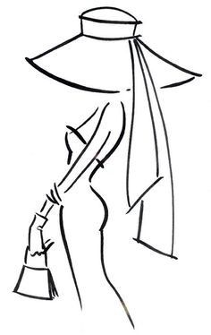 a black and white drawing of a woman wearing a hat