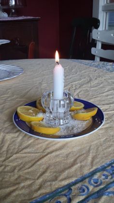 a lit candle sitting on top of a plate filled with lemons