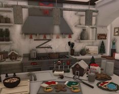 the kitchen is decorated for christmas and has cookies on the table in front of it