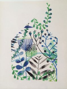 an abstract painting with blue, green and white flowers on it's border in the center