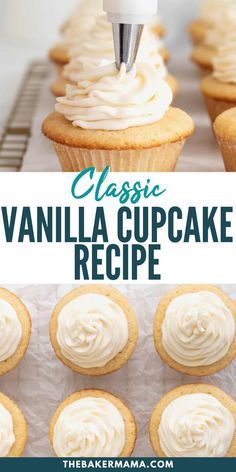 vanilla cupcakes with frosting being piped into the icing on top