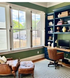 Shown here, striking darker green paint color on the walls, Benjamin Moore White trim, Farrow and Ball Hague Blue paint color on the built-in bookcases and desk. 

#greenpaint #builtins #homeoffice Farrow And Ball Hague Blue, Types Of Green, Sea Salt Sherwin Williams, Greige Paint Colors, Greige Paint, Hague Blue