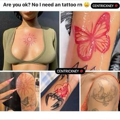 the pictures show different tattoos on women's arms and chestes, including one with a butterfly