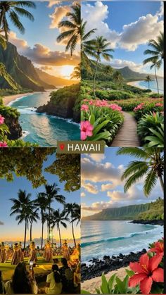 four pictures of hawaii with flowers and palm trees