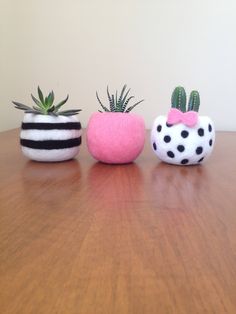 three succulents are sitting on a table next to each other, one with a pink bow