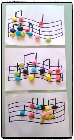 music notes made out of crepe paper and colored beads are displayed in three different ways