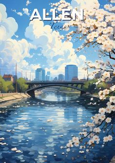 a painting of a river with white flowers in the foreground