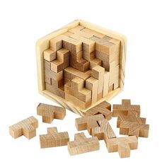 a wooden block set with pieces missing from it