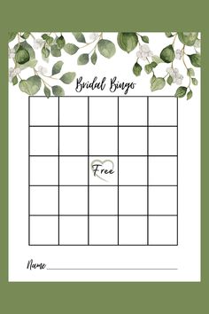 This pin is a free printable for the bridal shower game bridal bingo. This game has greenery at the top. Bingo Free Printable, Perfect Game, Bingo Games