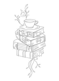 a stack of books with a cup and saucer on top, sitting next to each other