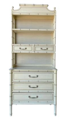 an old white dresser with drawers and drawers on the bottom shelf, against a white background