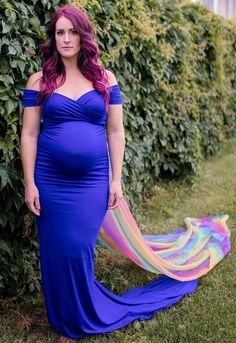 Breathtaking rainbow baby pregnancy gown, perfect for capturing your rainbow baby maternity shoot or adding a little color to any shoot.  With it's detachable train, the Sweetheart Gown with a Rainbow Train offers two looks in one. This dress is constructed of premium stretch material and is ideal for outdoor maternity shoots ~ beach and forest.  Gowns are designed and made in our mom-run gown shop in Boise, Idaho. 100% USA. All gowns come with free basic alterations to include length and genera Maternity Shoot Beach, Chiffon Maternity Gown, Pregnancy Gown, Royal Blue Gown, Baby Pregnancy, Maternity Gown, Maternity Poses, Maternity Gowns, Blue Gown