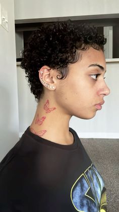 Butterflies Tattoo Back Of Neck, Neck Tattoo Women Side, Red Ink Butterfly Tattoo Behind Ear, Butterfly Front Neck Tattoo, Women Side Neck Tattoo, Girls With Neck Tattoos, Red Butterfly Tattoo On Neck, Neck Tat Ideas, Red Butterfly Neck Tattoo