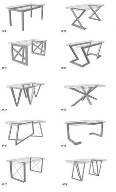 various tables and chairs are shown in this drawing style, with different angles to each table