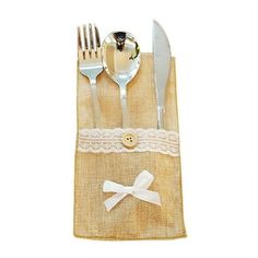 a fork, knife and spoon in a burlap bag