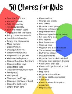 the 50 chores for kids list is shown in red, yellow and blue with text