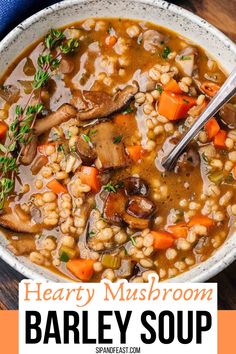 hearty mushroom barley soup in a white bowl with carrots and parsley on the side