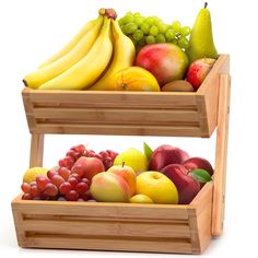 two wooden crates filled with different types of fruit