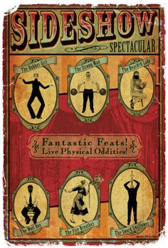 the sideshow spectacular poster is shown in red and yellow with four different silhouettes