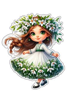 a girl in a dress with flowers on her head