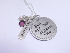 You Are Our Chosen One Hand Stamped Sterling Silver Necklace with Personalized Name Tag and Swarovski Crystal Birthstone, Adoption Necklace, Foster Parent Necklace, Personalized Jewelry by MissAshleyJewelry, $39.00 Lauren Grace, Necklace With Name, Foster Parent, Chosen One, Foster Family, Family Ties, Family Ideas, Foster Parenting