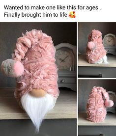 the stuffed animal is wearing a pink outfit with white legs and long hair, it looks like he's going to make one like this for ages