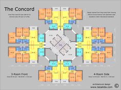 the floor plan for an office building, with four rooms and three bathrooms on each side