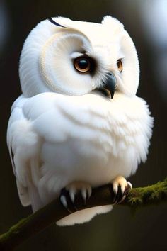 an owl is sitting on a branch with its eyes wide open and looking at the camera