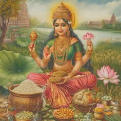 a painting of a woman sitting on the ground with food in front of her and lotuses