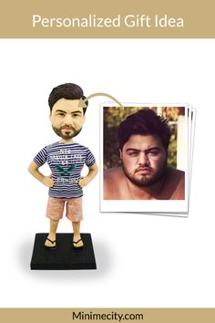 a personalized gift idea with a man in shorts and striped t - shirt standing on a black base