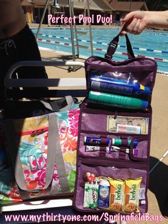 an open purple bag sitting on top of a chair next to a swimming pool