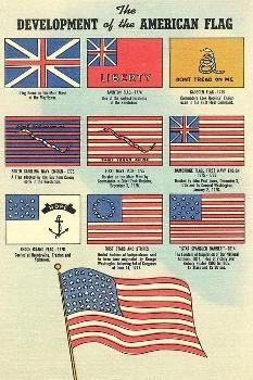 an old book with flags and symbols on the cover, which reads development of the american flag liberty don't tread on me