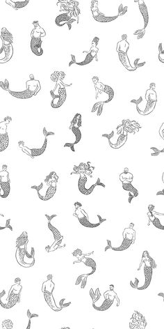 a black and white drawing of mermaids