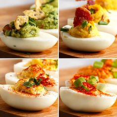 four pictures of deviled eggs with different toppings