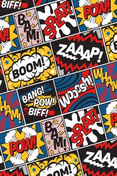 an image of comic book covers with the words boom, pow, and wm