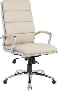 a white office chair with chrome frame and leatherette upholstered seat, viewed from the front