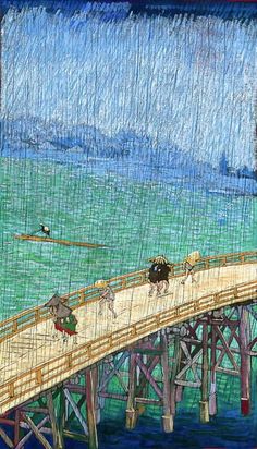 a drawing of people walking across a bridge in the rain