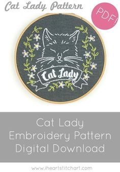 the cat lady embroidery pattern is shown in front of a black background with white daisies and