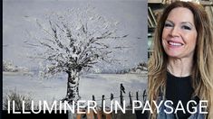 a woman standing in front of a painting with the words illuminer un paysage