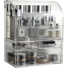 an organized cosmetic organizer with clear drawers