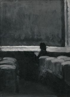 a black and white painting of a person sitting at a table in front of a window