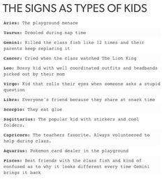 the signs as types of kids are shown in black and white, with text above them