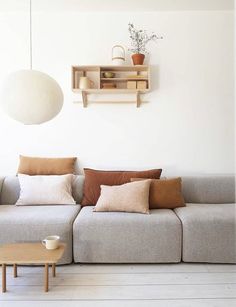 a living room with a couch, coffee table and shelves on the wall above it