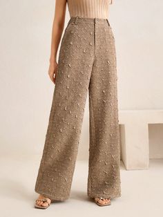 Women's Minimalist Black Textured Wide Leg Pants Khaki Casual   Woven Fabric Plain,All Over Print Wide Leg Non-Stretch  Women Clothing, size features are:Bust: ,Length: ,Sleeve Length: New Years Outfit, Coverup Skirt, Ruffle Hem Dress, Pantalon Large, Black Textures, Women Maxi, Boho Women, Smock Dress, Cami Dress