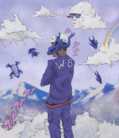 a man standing on top of a snow covered slope under a rainbow colored cloud filled sky