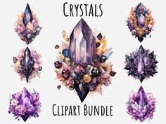 watercolor crystals clipart bundle with different shapes and sizes, all in purple tones