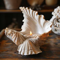 two seashells are sitting on a table with a lit candle in the middle