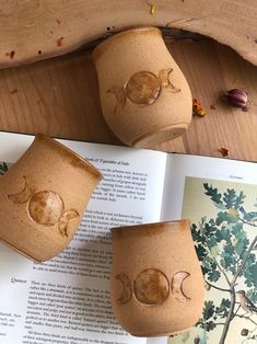 three clay pots sitting on top of an open book